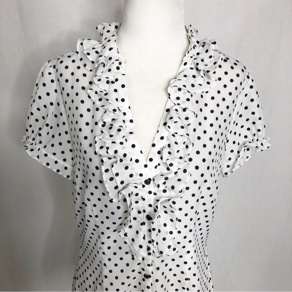 Blue Bell Black & White Polka Dot Ruffle Button Front Top Size M - Picture 2 of 4